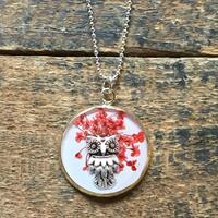 Silver owl necklace with real australian bush flowers set in resin