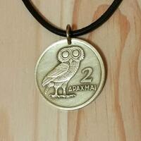 Owl Coin Necklace Pendant charm, Greece 2 Drachma Athena Owl Phoenix Coin Pendant, Animal bird coin 