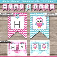 Owl Birthday Banner Template: Pink & Aqua Party Decorations (INSTANT DOWNLOAD)