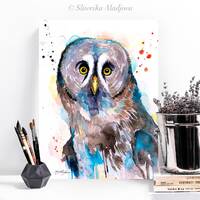 Great grey owl watercolor painting print by Slaveika Aladjova, art, animal, illustration, bird, home