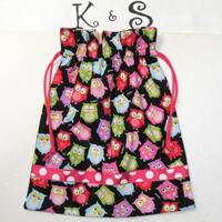 Child's Drawstring Bag Made With Colorful Pink Blue Green Violet Owls/HotPink Dot Ribbon/Unique 