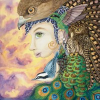 Bird Woman Watercolor Painting 16"x17" Giclee Canvas Print, totem archetype owl hawk peaco