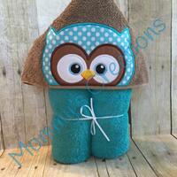 Blue Owl Applique Hooded Bath, Beach, Pool Towel, Swim Cover Up 30" x 54" Personalization 