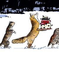 Animal Christmas art print, cute cat, owl and fox in winter snow drawing, A4 woodland gift for him h