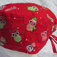 Christmas Owl Scrub Hat: Terry Cloth Sweatband, Handmade USA