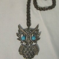 Necklace With Pendant, Owl, Turquoise Eyes, Tassel Tail, Pewter Tone Metal, Gift Bag, 1970's