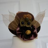 Beautiful One Of A Kind Steampunk Bronze Owl With Delicate Golden Leaf Wings Mini Riding Hat Fascina