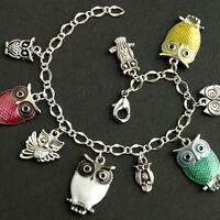 Owl Bracelet. Enameled Owl Charm Bracelet. Red, White, Turquoise and Yellow Owls Bracelet. Owl Jewel