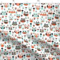 Owls Fabric - Mint And Orange Owl Woodland Gender Neutrals Fabric By Little Smile Makers - Cotton Fa
