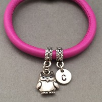 Owl leather bracelet, owl charm bracelet, leather bangle, personalized bracelet, initial bracelet, m