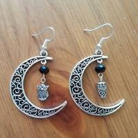 Crescent moon earrings, owl earrings, Athena earrings, Blodeuwedd earrings