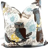 Brown Pillow cover. Owl  Print  Sofa Pillow cover. Brown Owl. Peepers Brown & Blue Sham Pillow C
