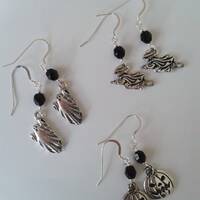Spooky Charm Earrings- Bat, Witch, Cat, Ghost, Owl, Pumpkin, Sterling Silver plus TierraCast