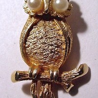 Vintage Tiny Hobe Owl Perched on Branch Pendant Faux Pearl Eyes Accented