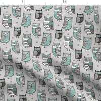 Owl Fabric - Owls Owl Woodland Fall Winter Black white Green On Grey By Caja Design - Owls Cotton Fa