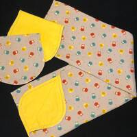 Hemstitch owl Receiving flannel baby blanket & 2 burp clothes double sided, crochet,  gray yello