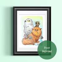 Animaux drôles illustrations, décoration murale, Imprimé monde de la magie, hibo