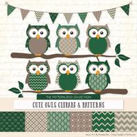 Patterned Emerald Owls Clipart and Digital Papers - Green Owl Clipart, Owl Vectors, Baby Owls, Cute 