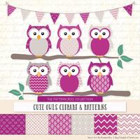 Patterned Fuchsia Owls Clipart and Digital Papers - Fuchsia Owl Clipart, Owl Vectors, Baby Owls, Cut