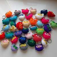 Hand crocheted owl keyrings with felt eyes in a variety of customisable colours