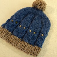 Handcrafted Knitted Baby Hat Blue/Gray Owl Pom Pom 100% Wool Male 9-12 months