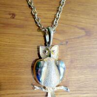 Owl Pendant Necklace Heavy Gold 24 inch Chain 3 inch Barn Owl on Branch Pendant Bohemian Vintage 197