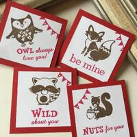 Classroom Valentine's Day exchange Card | Owl Fox Raccoon Squirrel Animal Critter Mini Cards Woo