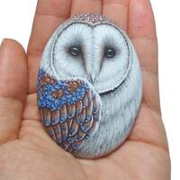 Hand-Painted barn owl on flat natural sea pebble! Acrylic miniature painting on stone, Original owl 