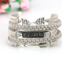 Best friend Owl Arrow charm bracelet Heather gray suede cord Bestie gift Two little owls charm Best 