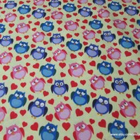 Flannel Fabric - Owls and Hearts Yellow - By the yard - 100% Cotton Flannel