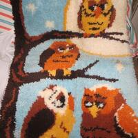 1970s   Owl Family  acrylic handmade  Latch Hook Rug wall art owls   34x24 in