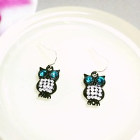 Black Owl Earrings - owl earrings, owl dangle earrings, black owl, rhinestone, black owl earring, fr