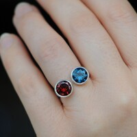 Owl Ring in Silver, Garnet and Blue Topaz Ring, Gift For Her
