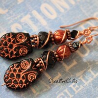 Boho Copper Owl Earring, Black & Copper Czech Bead Earrings, Stacked Bead Owl Earrings, Cute Boh