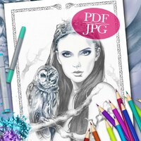 GRAYSCALE COLORING PAGE 'Owl Totem' - Fantasy Coloring Page, Owl Coloring Page, Animal Color