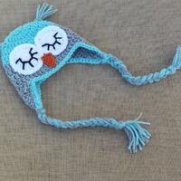Crochet Owl Hat, Earflap hat, Owl Beanie, Sleepy Owl Hat, Newborn Owl hat, Baby owl beanie, Newborn 