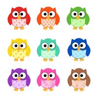 Cute Patterned Owls, Red, Orange, Green, Yellow, Blue, Brown, Illustration, PNG