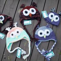 Owl Crochet Hat - Infant, Baby, Toddler, Adult, Winter, Trapper