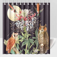 Shower Curtain Owls / Botanical Collage / Floral / Moon/ Humming Birds and Owls Black Shower Curtain