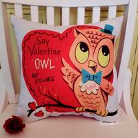 Handmade Vintage Kitsch Owl Valentine's Day Pillow Made From Retro 1950's Greeting Card Imag
