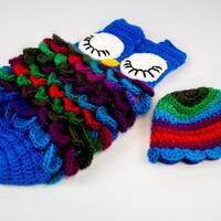 Newborn Baby Owl Cocoon with matching hat, Blue and Rainbow