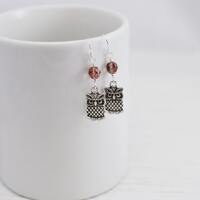 Silver Owl Charm Earrings: Rose Gold Czech Glass Beads