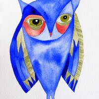 Wall art. Whimsical, original watercolor owl painting, metallic gold paint details. Stylized artwork