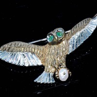 Mid Century Owl Silver Brooch with Natural Stone and Pearl