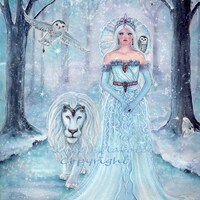Original winter queen goddess art white lion snowy owl winter wonderland painting  by Renee L. Lavoi