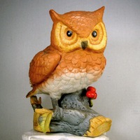 SALE, OWL Painted Porcelain Vintage Figurine, 1970s  Brown White and Yellow Glazed Ceramic