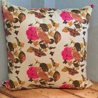 Organic cotton Owl and Moth fabric cushion in pale blue.