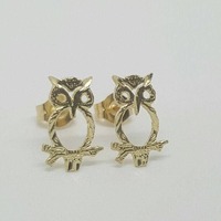 14k Solid Yellow Gold Owl Lucky Bird Stud Earrings Push Back 11MM