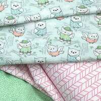 Owls in a tree, baby owls in sweaters, top quality quilt flannel fabric, green white dot and pink wh