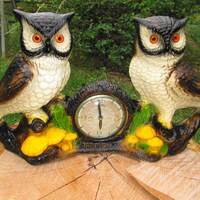 Double Owls Mantle Clock Vintage Huge Electric Chalkware Roansa Inc Lanshire Clock WORKS Orange Acry